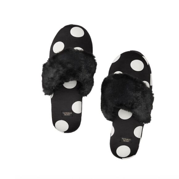 Victoria Secret Slippers Satin Fur Trim Black Polka Dot Pattern Size 9/10 L - Picture 5 of 5
